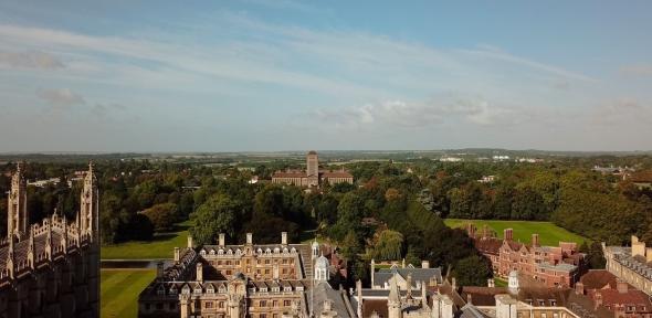 Aerial view of University and College grounds, looking towards the University Library.