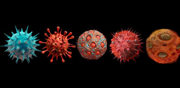 Digital generated image of different variants of virus cells against a black background.
