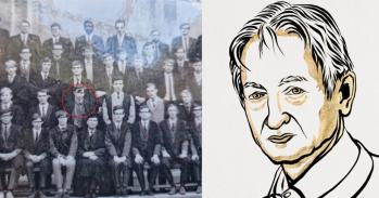 Left: Geoffrey Hinton (circled) at his Matriculation at King's College. Right: Illustration of Geoffrey Hinton