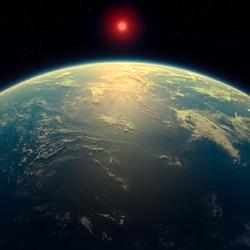 Artist's impression of the exoplanet K2-18b, with a red dwarf star behind it